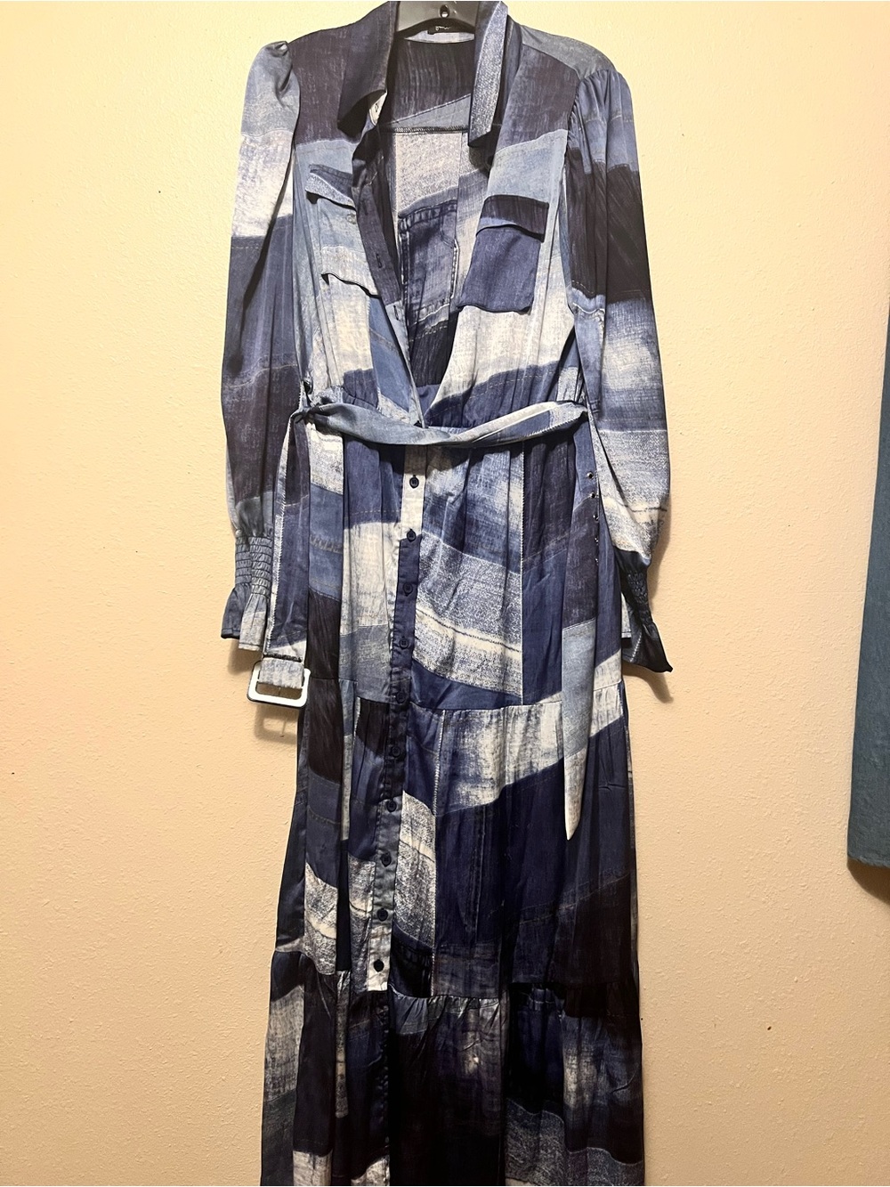 Blue Brushstroke Maxi Shirt Dress with Belt